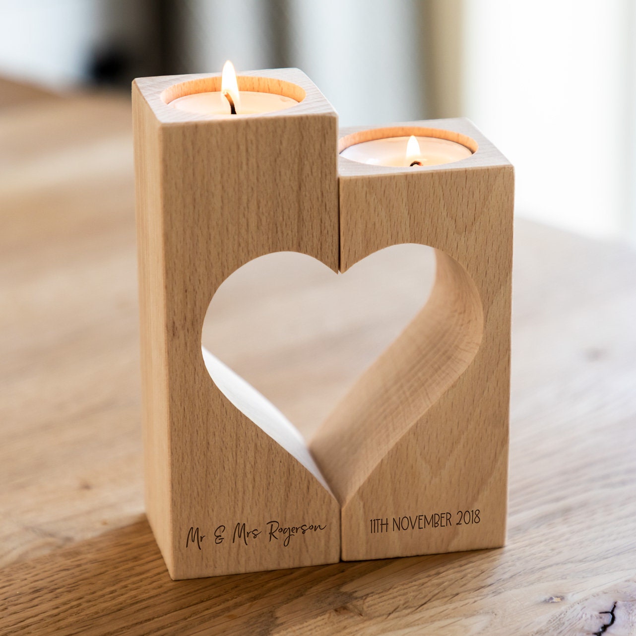 Wood Candle Holder Heart Set - Wedding Gift - Personalised Candle