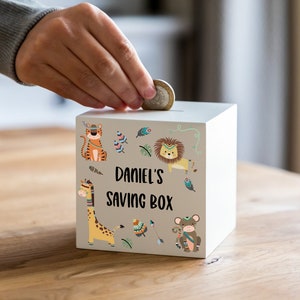 Personalised Money Box Jungle Animal Money Box Gift Childrens Money Box Gift For Children Wood Money Box White Money Box UV688 image 5