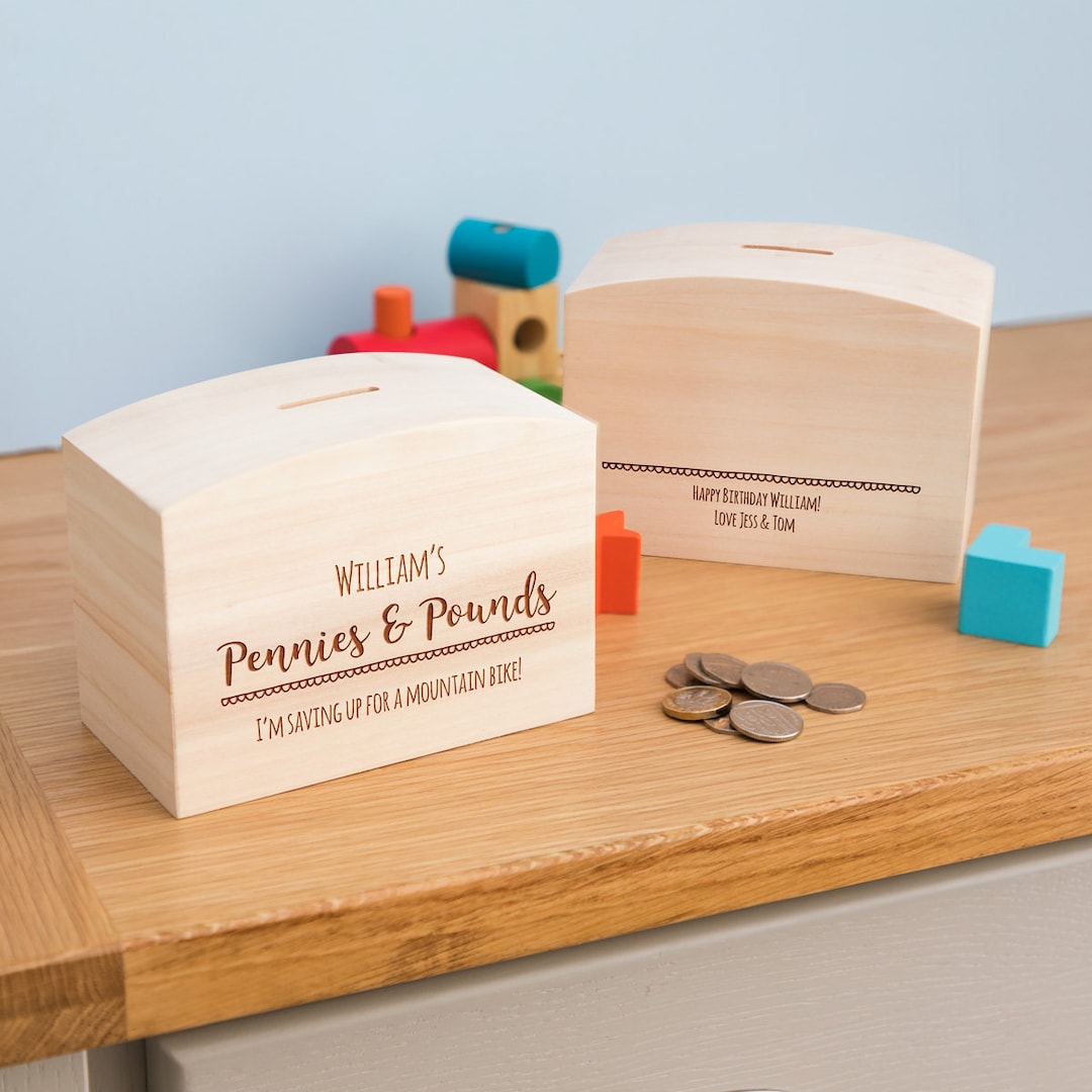 Childrens Money Box With Message Pennies & Pounds Personalised Money Box Wood Money Box Gift for