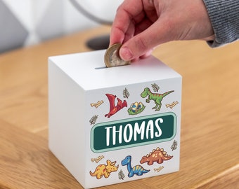 Personalised Money Box - Dinosaur Money Box Gift - Childrens Money Box - Dinosaur Gift - Wood Money Box - White Money Box - UV690