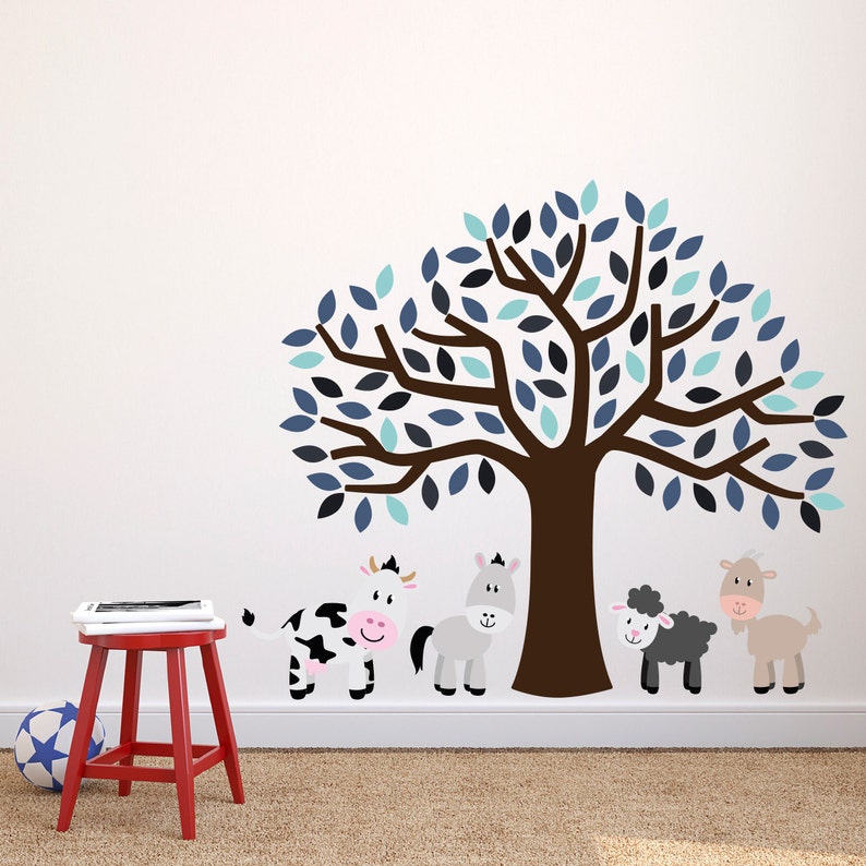 Farmyard Wall Decals FP037 Animal Wall Transfer Full Colour Wall Stickers Blue Tree With Farm Animals Wall Stickers Tree Wall Art