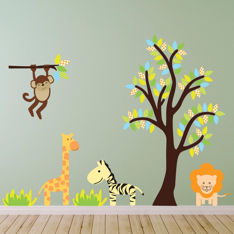 Bright Tree With Jungle Animals Wall Stickers Jungle Wall Etsy