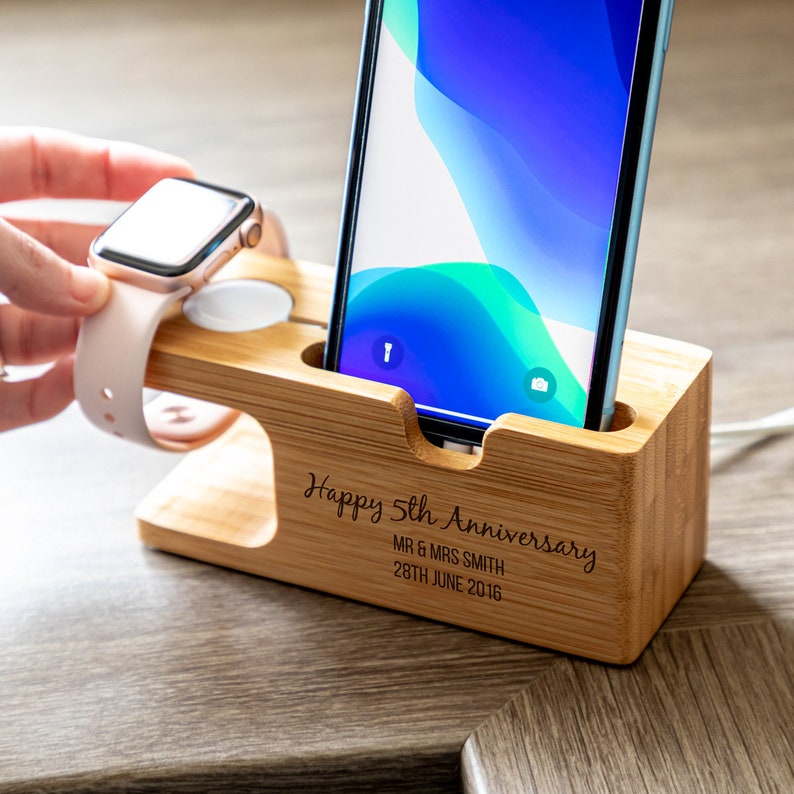 Charging Station Happy 5th Anniversary Gift Personalised Multi Device Charging Station Apple Watch Charging Stand Tech Gift LC736 image 1