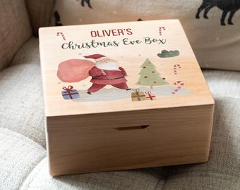 Christmas Eve Box Personalised - Wooden Christmas Eve Box Square Beech 20cm x 20cm - Santa Christmas Eve Box For Kids Gift - UV847