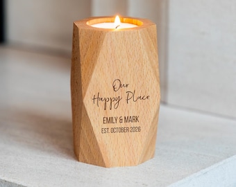 Personalised Geometric Candle Holder - New Home Gift For Couple or Families - Housewarming Gift - Beech Tea Light Holder - LC1170