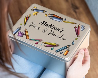 Pens and Pencils Storage Tin - Personalised Tin - Arts and Crafts Gift - Gift For Children - Stationary Gifts - Stationery Organiser - UV384