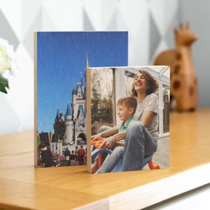 Pu&ograve; includere: Due blocchi fotografici in legno con immagini stampate. Il primo blocco presenta un cielo blu e un grande castello con torri bianche. Il secondo blocco mostra una donna e un bambino sorridenti, seduti su un giocattolo.