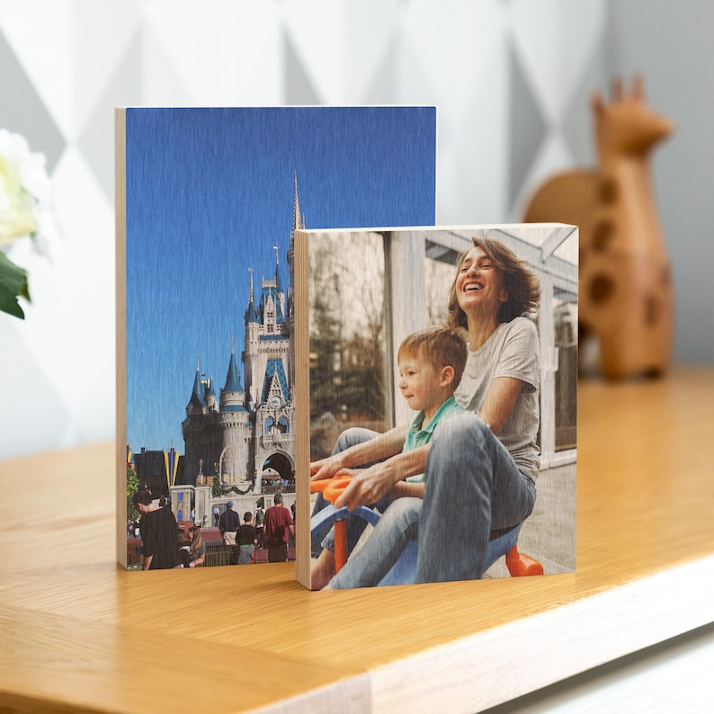 Pu&ograve; includere: Due blocchi fotografici in legno con immagini stampate. Il primo blocco presenta un cielo blu e un grande castello con torri bianche. Il secondo blocco mostra una donna e un bambino sorridenti, seduti su un giocattolo.