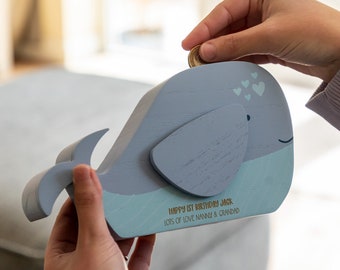 Whale Money Box - Personalised Money Box - 1st Birthday Money Box - Childrens Money Box - Gift For Kids - Money Bank - Money Box - LC985