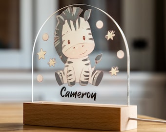 Personalised Zebra Night Light: Beech Wood Base, Kids Nursery Decor - UV580