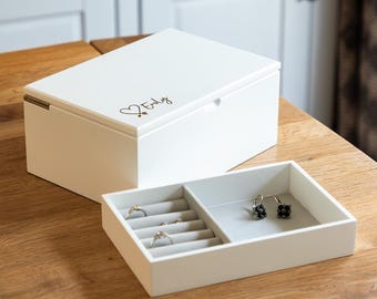 Jewellery Box - Personalised Jewellery Box With Tray - White Heart Jewellery Box For Women - Gift For Her - LC1149