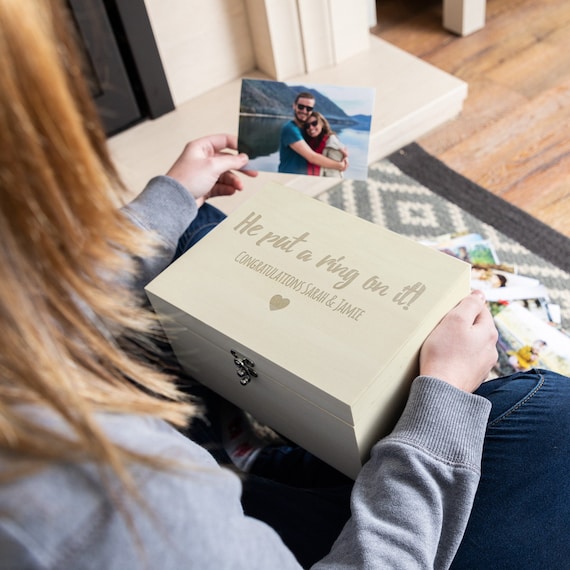 Engagement Keepsake Box - He Put A Ring On It - Personalised Memory Box Engagement Gift - Engaged Gift For Couple - Wood Keepsake Box LC085