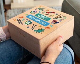 Arts and Crafts Box - Personalised Craft Storage Box - Stationery Box - Arts and Crafts Gift - Stationery Gifts - Square Beech Box - UV839