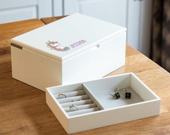 Jewellery Box For Girls - Personalised Unicorn Jewellery Box With Tray - White Jewellery Box - Girls Jewellery Box - Gift For Girls - UV844