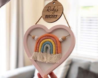 Heart Sign - Hanging Heart For Nursery - Heart Sign With Macrame Rainbow - Personalised Nursery Sign - New Baby Gift - LC979-heart