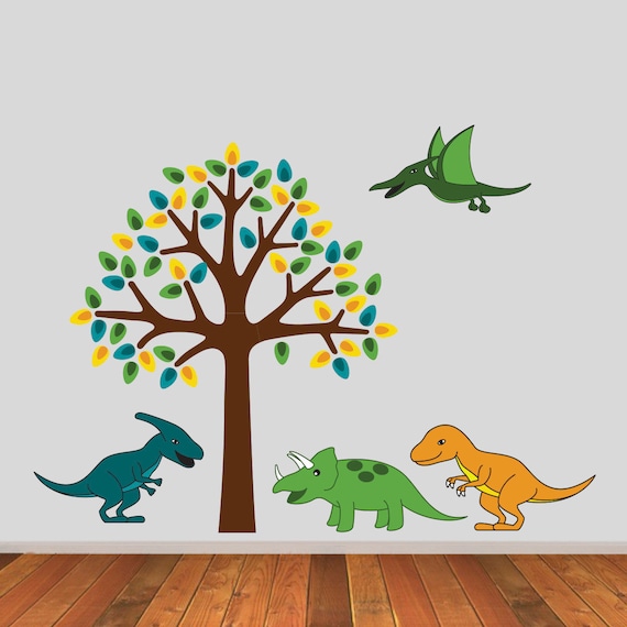 tree with dinosaurs wall stickers dinosaur wall decals boys | etsy