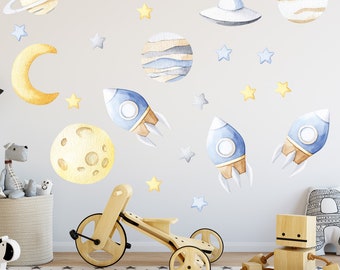 Space Wall Stickers - Space Rocket Wall Decals - Rockets Planets Stars Moon - Space Bedroom Stickers Decor - Space Theme Bedroom - FA185
