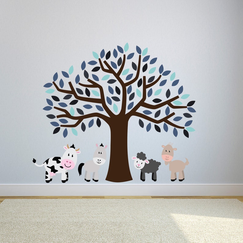 Farmyard Wall Decals FP037 Animal Wall Transfer Full Colour Wall Stickers Blue Tree With Farm Animals Wall Stickers Tree Wall Art
