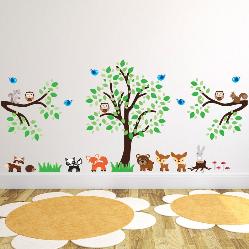 tree with woodland animals and branches wall stickers | etsy