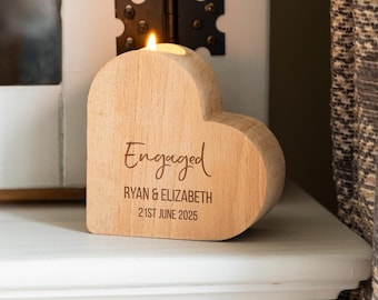 Personalised Heart Candle Holder: Engaged Couple Gift, Beech Wood Tea Light - LC1066