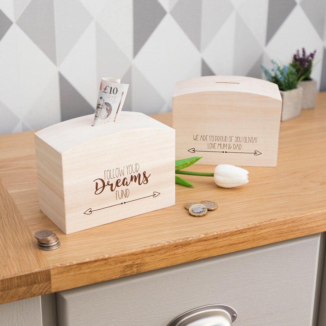 Follow Your Dreams Money Box With Message Personalised Money Box Holiday Fund Gift for Her Money
