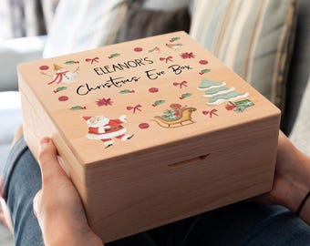 Christmas Eve Box Personalised - Wooden Christmas Eve Box Square Beech 20cm x 20cm - Christmas Eve Box For Kids Gift - UV846