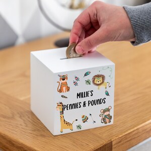 Personalised Money Box Jungle Animal Money Box Gift Childrens Money Box Gift For Children Wood Money Box White Money Box UV688 image 2