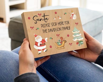 Personalised Santa Stop Here Sign -  Santa Please Stop Here Wood Block Sign - Gift For Children - Christmas Home Decor Sign - UV849