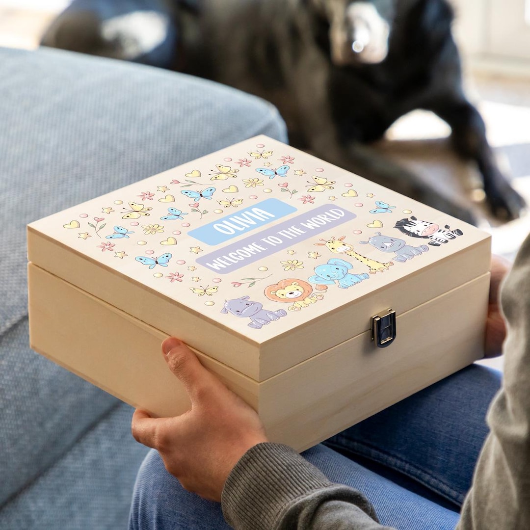 Personalised Baby Keepsake Box: Jungle Animals Design, Newborn Memory ...