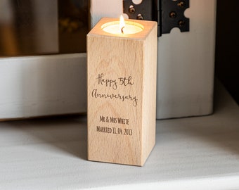5th Anniversary Gift Wood - Wood Candle Holder - Personalised Candle Holder - 5th Wedding Anniversary Gift For Couple Wife Husband LC356