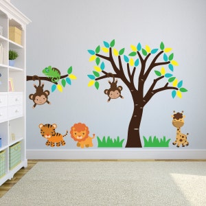 Jungle Wall Stickers - Tree Wall Stickers For Nursery With Jungle Animals - Jungle Wall Decals Nursery Decor - Monkey Giraffe Lion - FA143