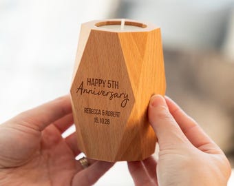 Personalised Geometric Candle Holder 5th Anniversary Gift For Couple - Wood Gift - Beech Tealight Holder - LC1169