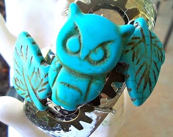 Owl Bangle Bracelet Turquoise Stone Leaves Owl Silvertone Bangle Bracelet Womans Teen Jewelry gift ideas cuff statement bracelet