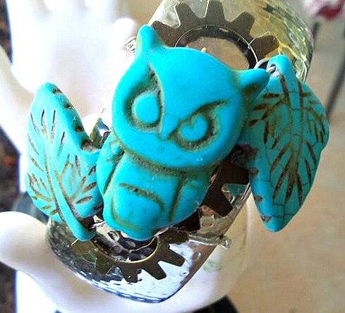 Owl Bangle Bracelet Turquoise Stone Leaves Owl Silvertone Bangle Bracelet Womans Teen Jewelry gift i