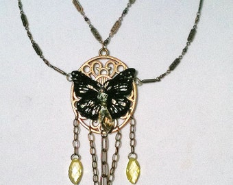SALE Victorian Swarovski Crystal Necklace Green Butterfly Necklace insect jewelry Bridal Formal Jewelry Jade Antique Brass necklace