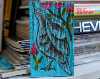 Blue and pink bird folk art small wooden painting - 3