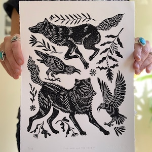 Wolves and Ravens Black Block Print