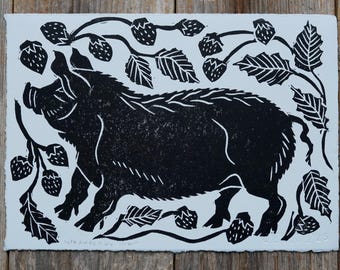 Black Strawberry Pig Folk Art Block Print