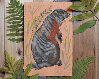 Groundhog Woodland Handmade Paper Painting