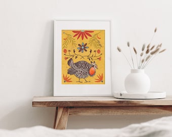 Prairie Grouse and Floral Fine Art Giclee Print of Painting Folk Art