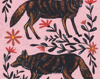 Coyotes and Floral Fine Art Giclee Print of Painting