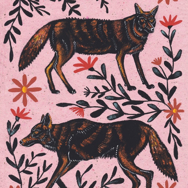 Coyotes and Floral Fine Art Giclee Print of Painting
