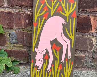 Brown deer floral folk art wood painting