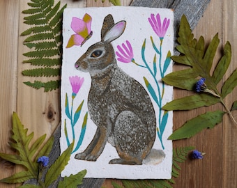Eastern Cottontail Rabbit Folk Handmade Paper Painting