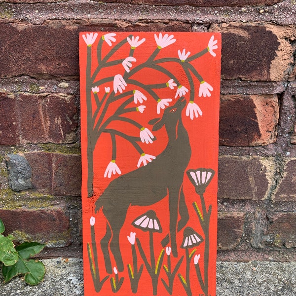 Floral deer folk art wood painting