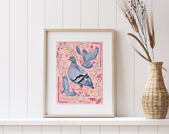 Pigeons and Floral Fine Art Giclee Print of Painting