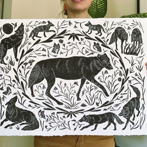 Large wild wolf block black print poster art