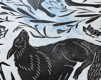 Large wild wolf block black print on blue sky paper