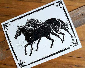 Western Wild Horses Block Print
