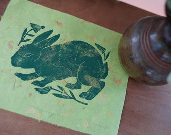 Cottontail Rabbit Bunny Block Print on Handmade Paper
